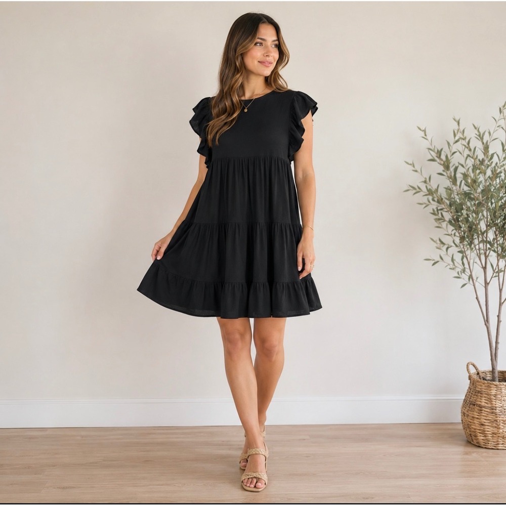Coquette Black Tiered Babydoll Mini Dress Small Linen Blend Flutter Sleeve
